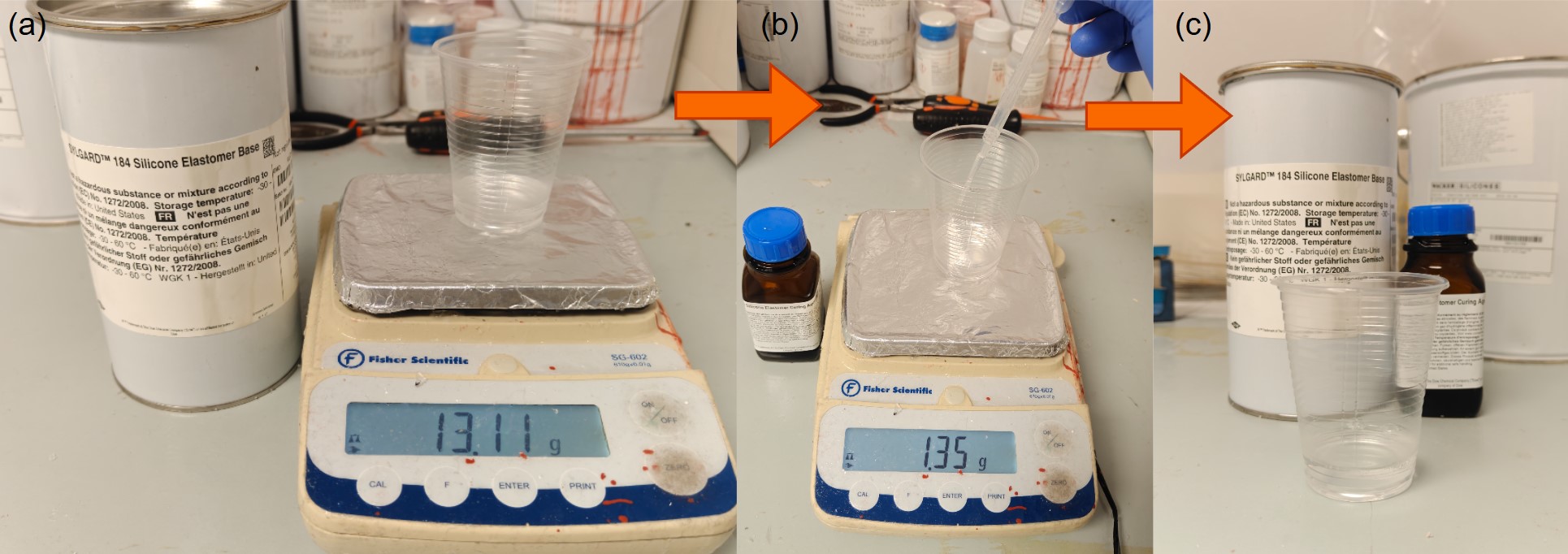 PDMS gravimetric mixing (13.11 g base + 1.35 g curing agent)