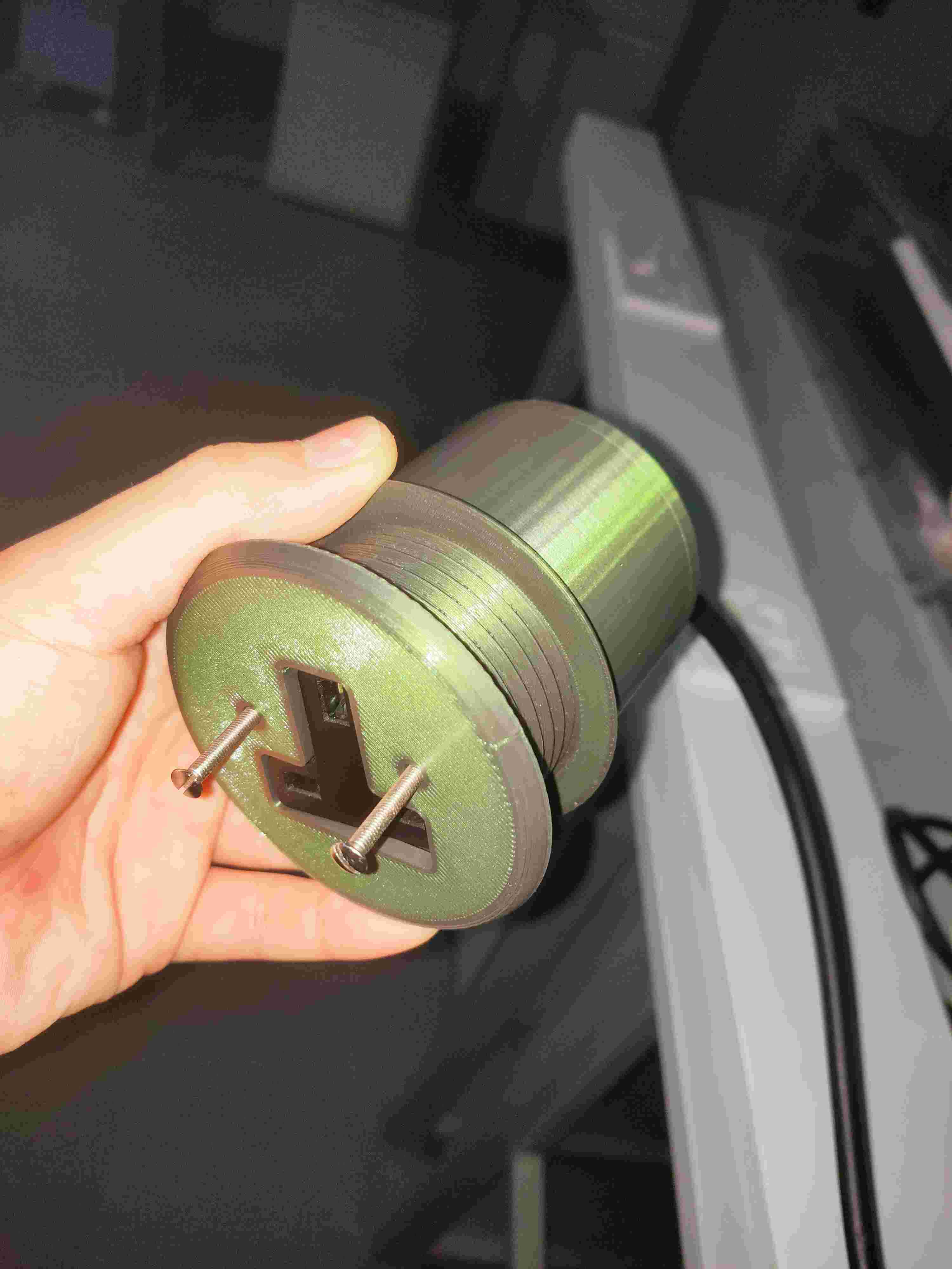 3D-printed cylindrical socket adapter with a UK Type-G power socket insert, mounting screws and outgoing power cable — designed to give the Crestron panel a stable wall-mountable power connection.