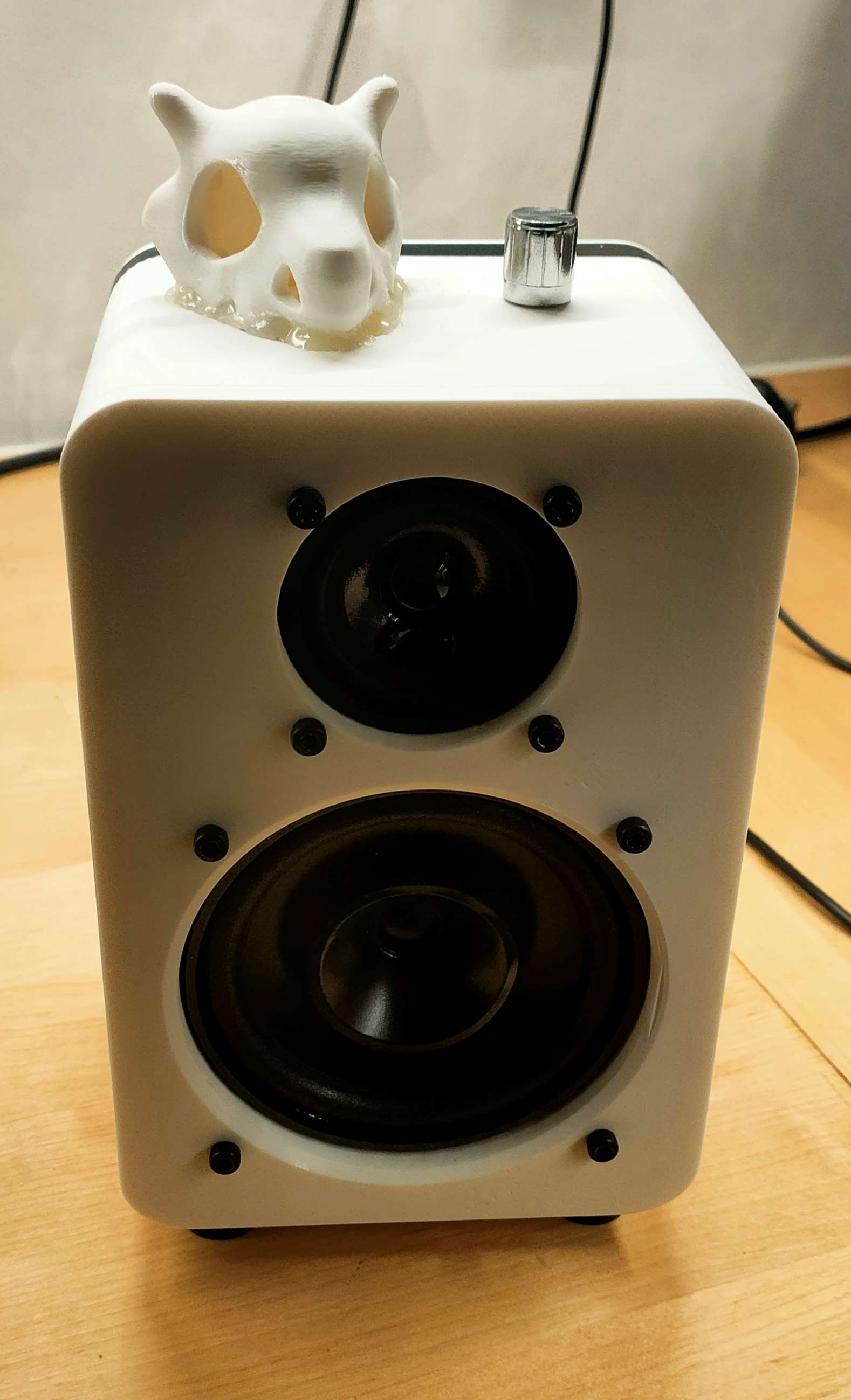 3D-printed white compact speaker enclosure with two drivers and a personalised Cubone skull model on top.